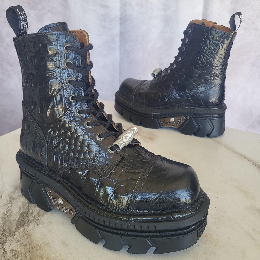 New Rock Platform Boots Womens Size 9 Black Leather Croc Ankle Lace Up Gothic